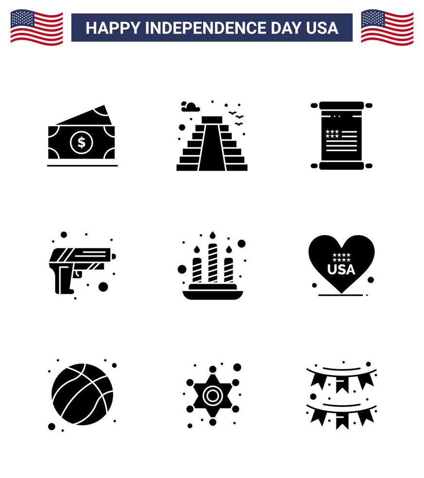 Editable Vector Line Pack of USA Day 9 Simple Solid Glyphs of fire weapon scroll army gun Editable USA Day Vector Design Elements