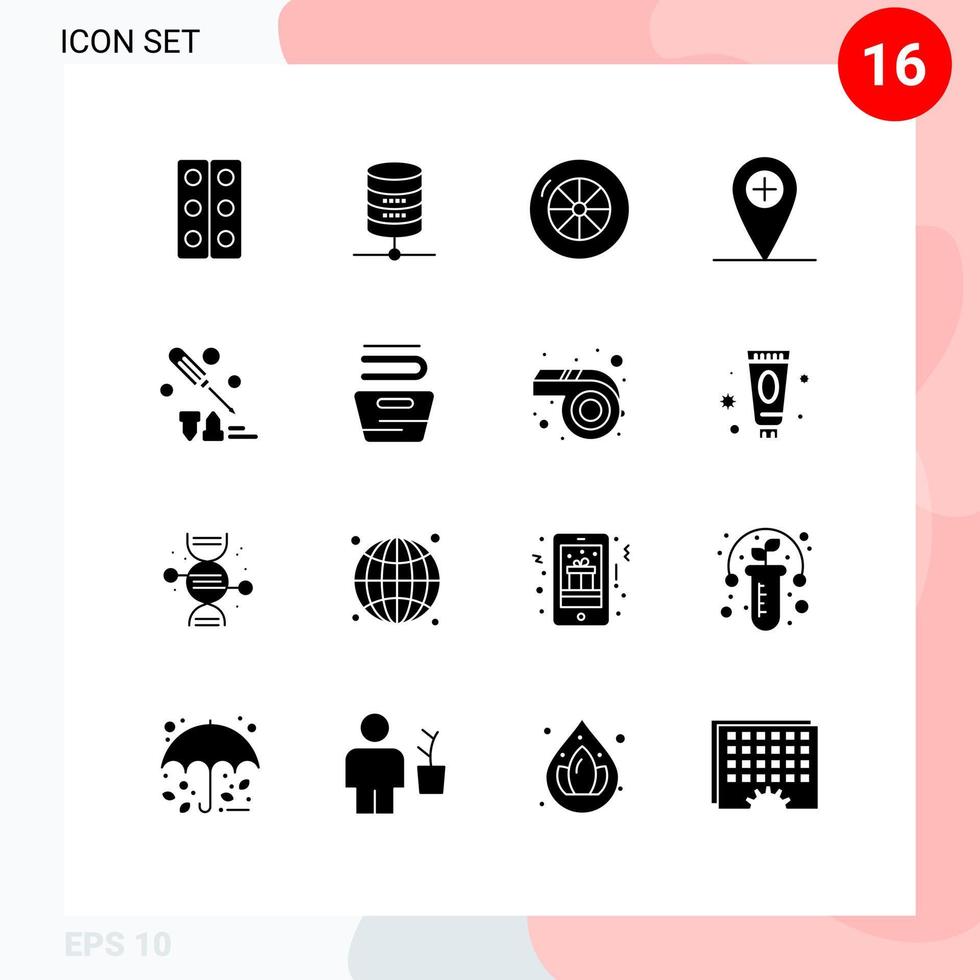 Pack of 16 creative Solid Glyphs of cleaning equipment tire construction location Editable Vector Design Elements