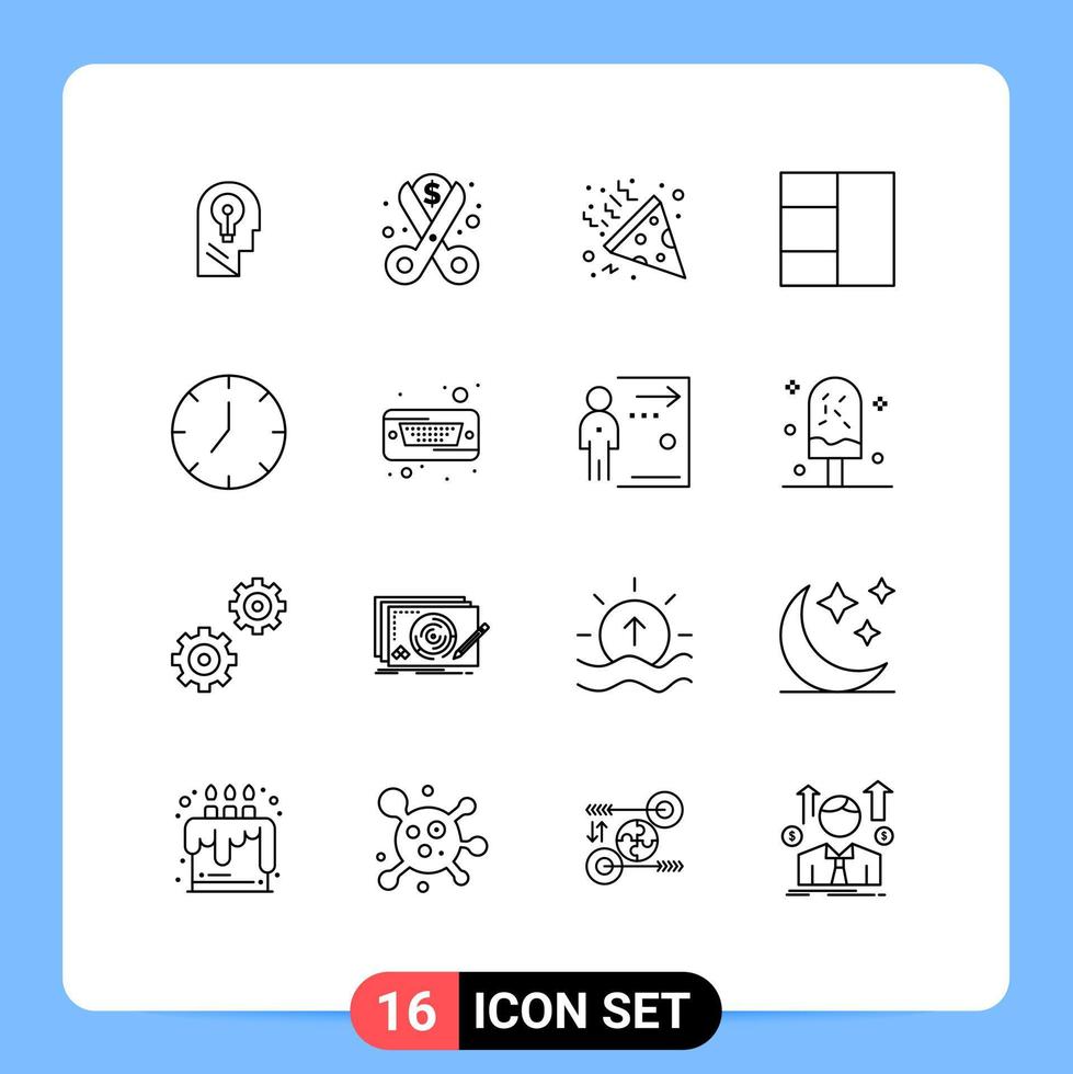 Pack of 16 Modern Outlines Signs and Symbols for Web Print Media such as media player clock reduction wireframe night Editable Vector Design Elements