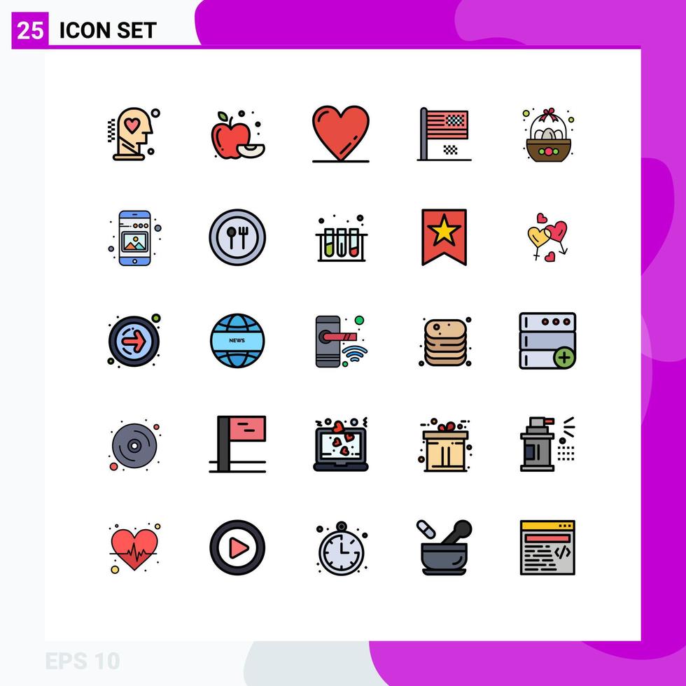 Filled line Flat Color Pack of 25 Universal Symbols of bowl flag heart fall collapse Editable Vector Design Elements