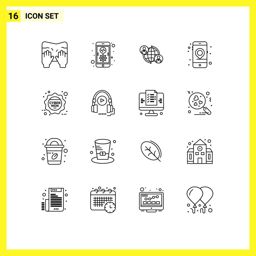 Group of 16 Modern Outlines Set for cyber monday mobile connected location global Editable Vector Design Elements