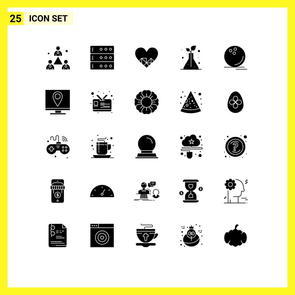 Set of 25 Vector Solid Glyphs on Grid for ball game love bowling flask Editable Vector Design Elements