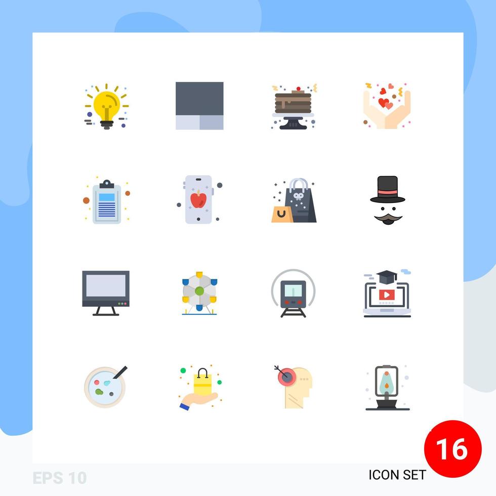 Pack of 16 Modern Flat Colors Signs and Symbols for Web Print Media such as list document food check hands Editable Pack of Creative Vector Design Elements