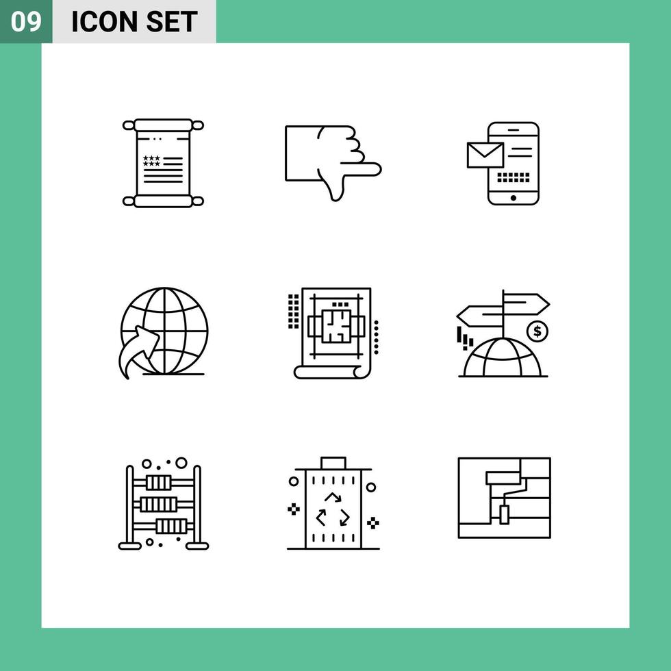 Outline Pack of 9 Universal Symbols of interior travel mobile globe receiving sms Editable Vector Design Elements