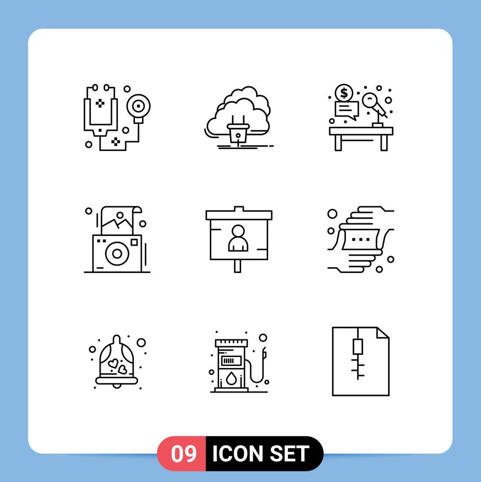 Modern Set of 9 Outlines Pictograph of polaroid photo power camera hammer Editable Vector Design Elements