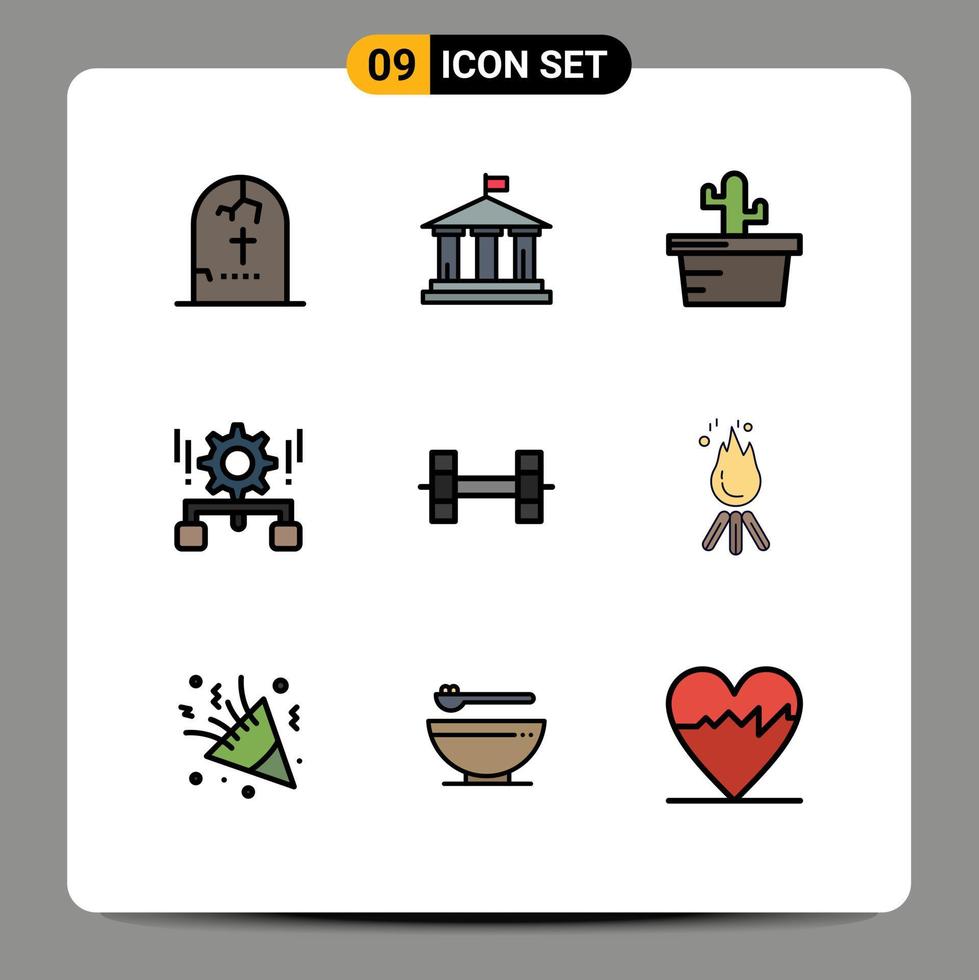 paquete de 9 signos y símbolos modernos de colores planos de línea rellena para medios de impresión web, como configuración deportiva, configuración de gestión de estados unidos, elementos de diseño de vectores editables