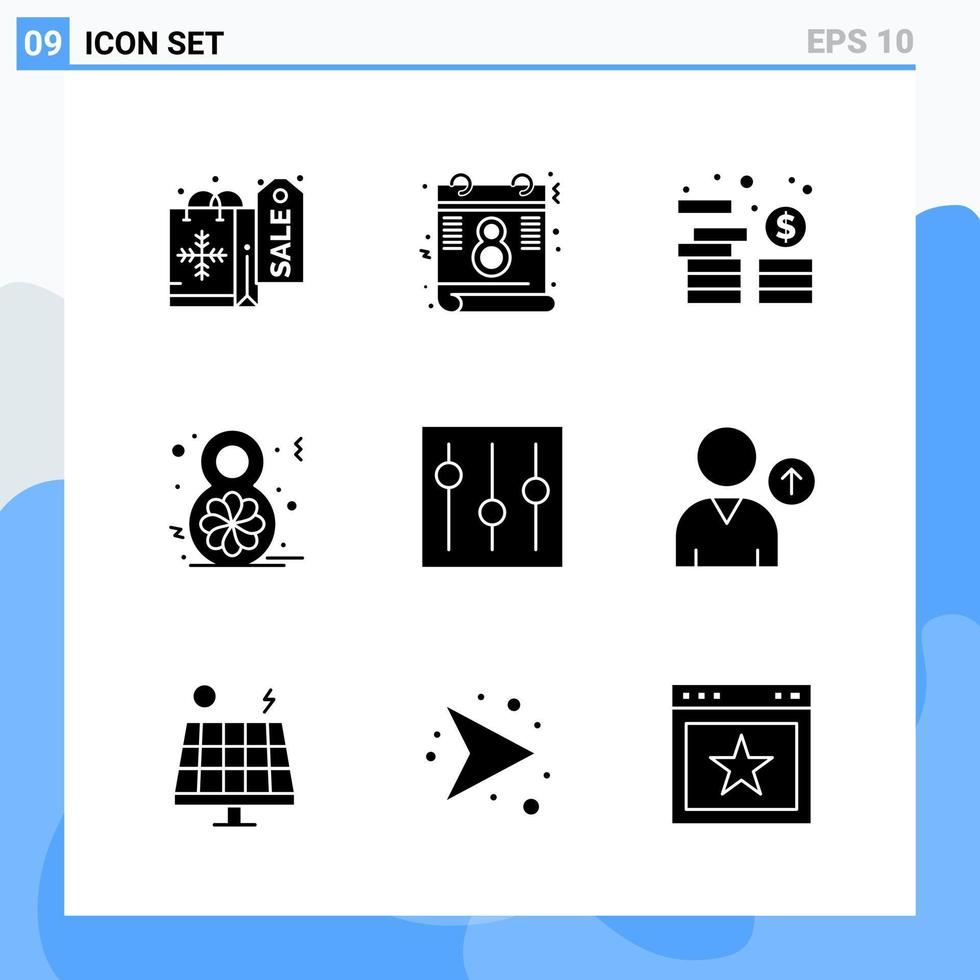 Modern 9 solid style icons Glyph Symbols for general use Creative Solid Icon Sign Isolated on White Background 9 Icons Pack Creative Black Icon vector background