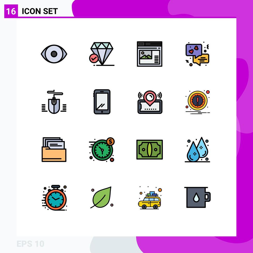 Set of 16 Vector Flat Color Filled Lines on Grid for computer love internet communication gallery Editable Creative Vector Design Elements