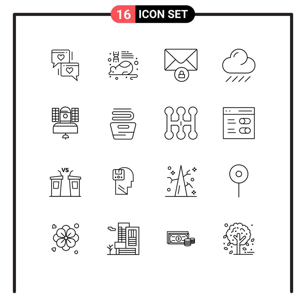 User Interface Pack of 16 Basic Outlines of communication broadcast mail satellite rain Editable Vector Design Elements