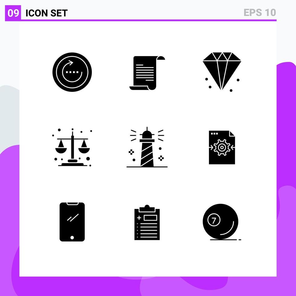 Set of 9 Commercial Solid Glyphs pack for lighthouse level business equality balance Editable Vector Design Elements