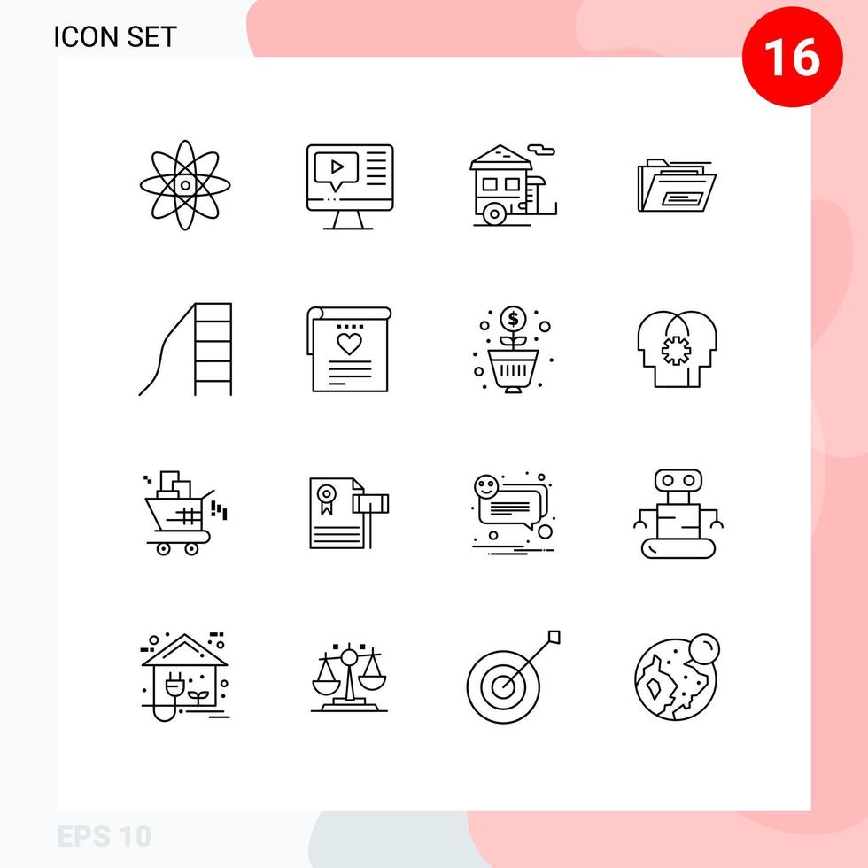 Set of 16 Modern UI Icons Symbols Signs for child rar camping zip folder Editable Vector Design Elements