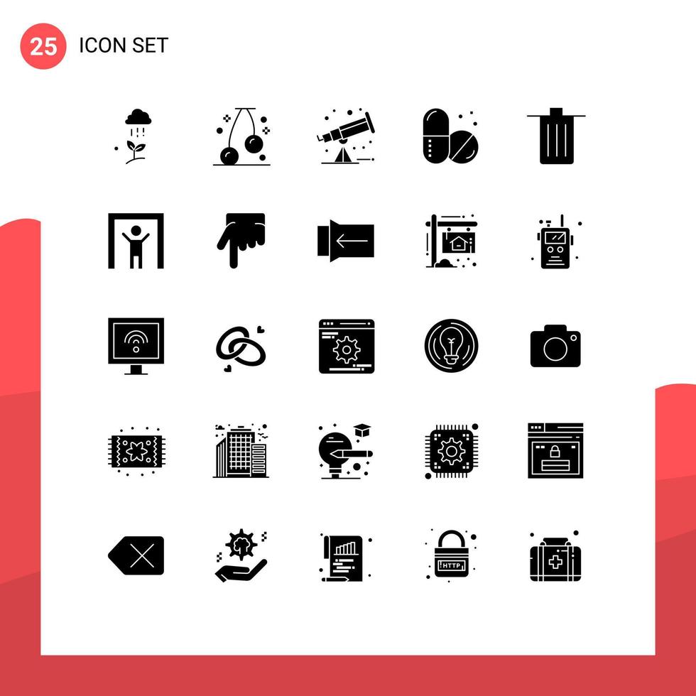 Pack of 25 Modern Solid Glyphs Signs and Symbols for Web Print Media such as garbage been astronomy basket hospital Editable Vector Design Elements