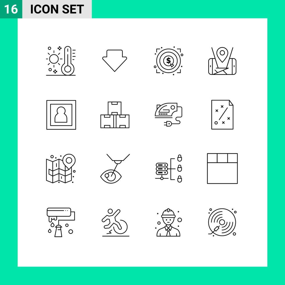 Universal Icon Symbols Group of 16 Modern Outlines of photographer technology marketing location map Editable Vector Design Elements