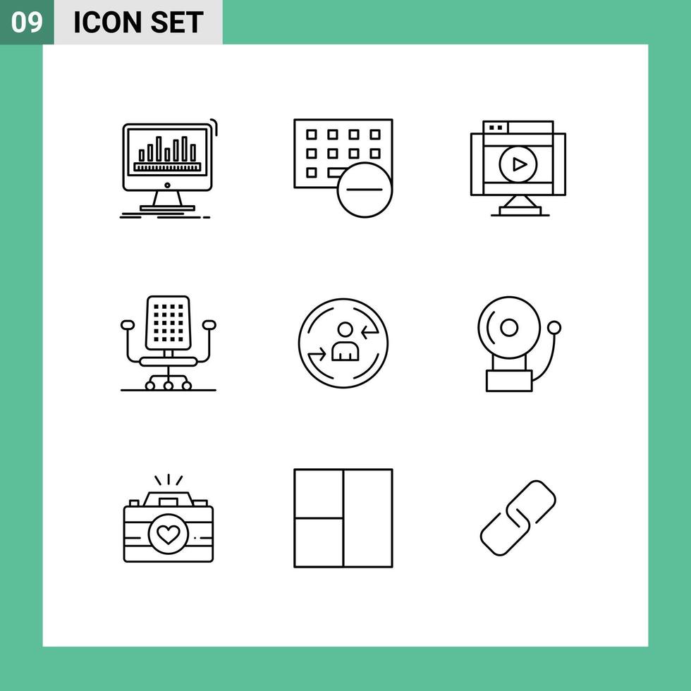 Group of 9 Modern Outlines Set for work chair hardware video multimedia Editable Vector Design Elements