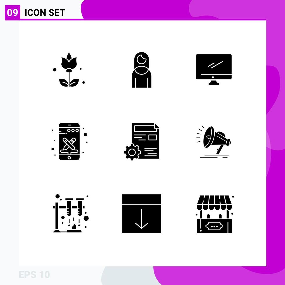 Set of 9 Commercial Solid Glyphs pack for profile tools monitor smart phone design Editable Vector Design Elements