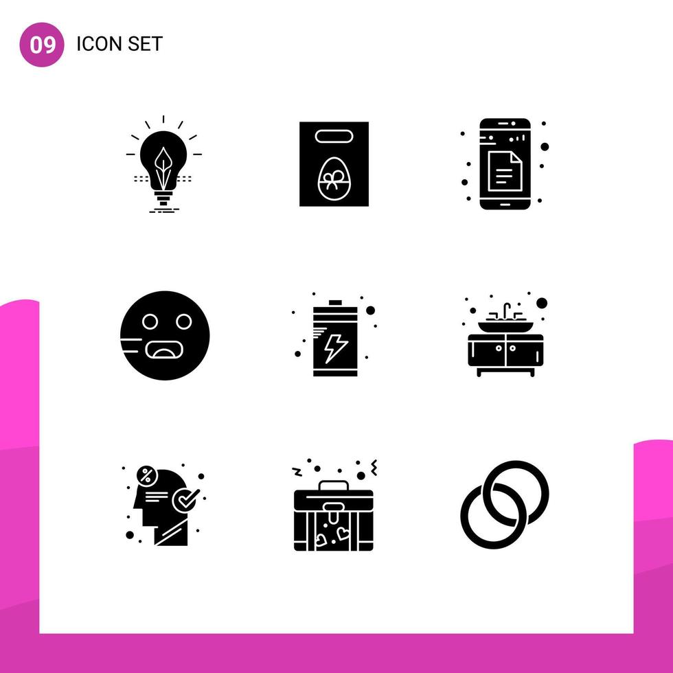 Universal Icon Symbols Group of 9 Modern Solid Glyphs of battery hungry easter emot app Editable Vector Design Elements