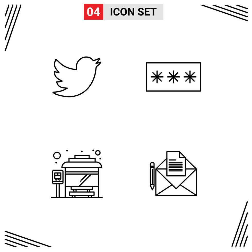 Group of 4 Modern Filledline Flat Colors Set for network stop code password mail Editable Vector Design Elements