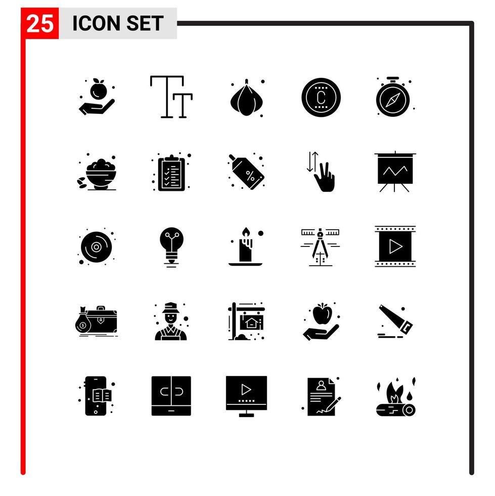 25 Universal Solid Glyph Signs Symbols of dish watch vegetable stop trademark Editable Vector Design Elements