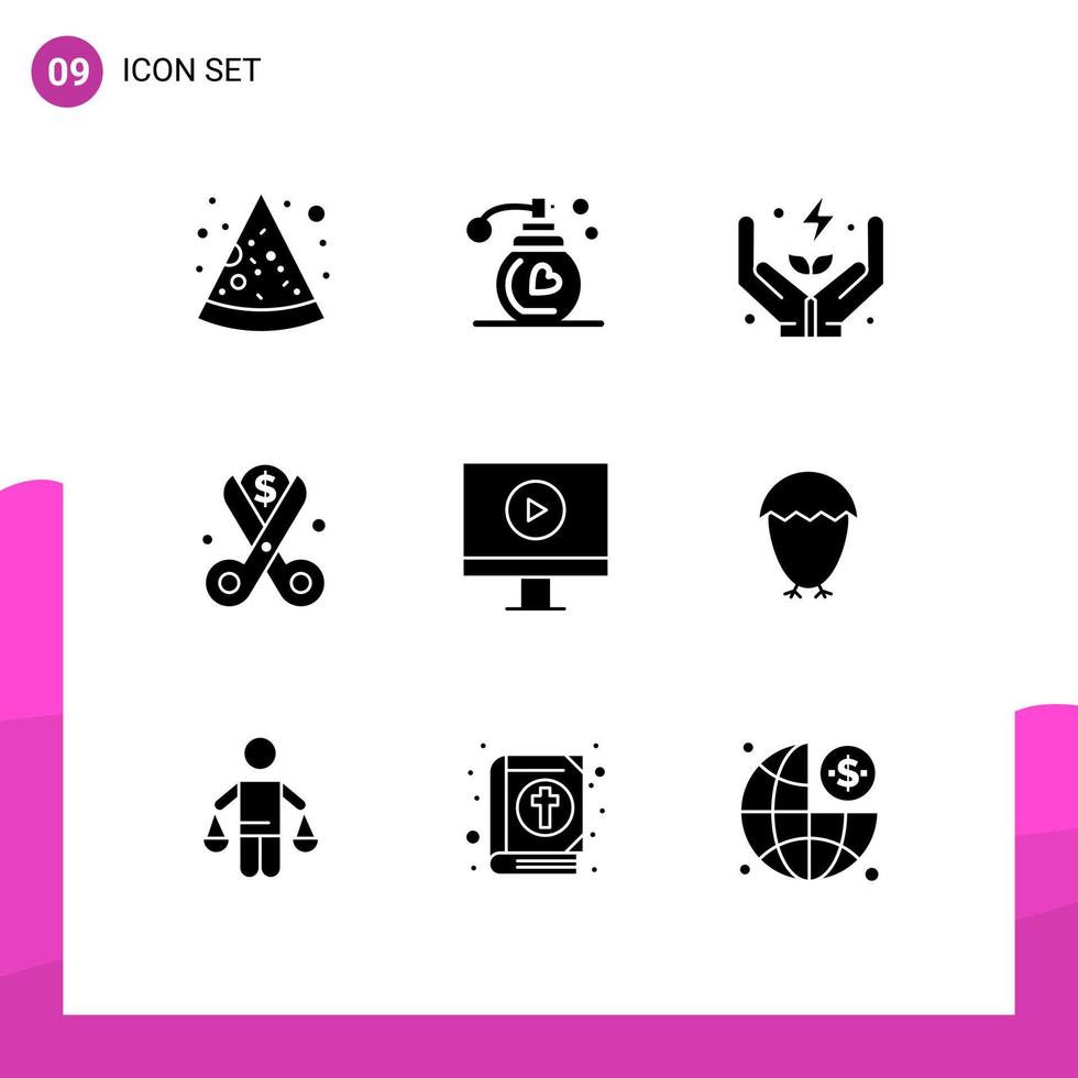 Solid Glyph Pack of 9 Universal Symbols of video display power spending money Editable Vector Design Elements