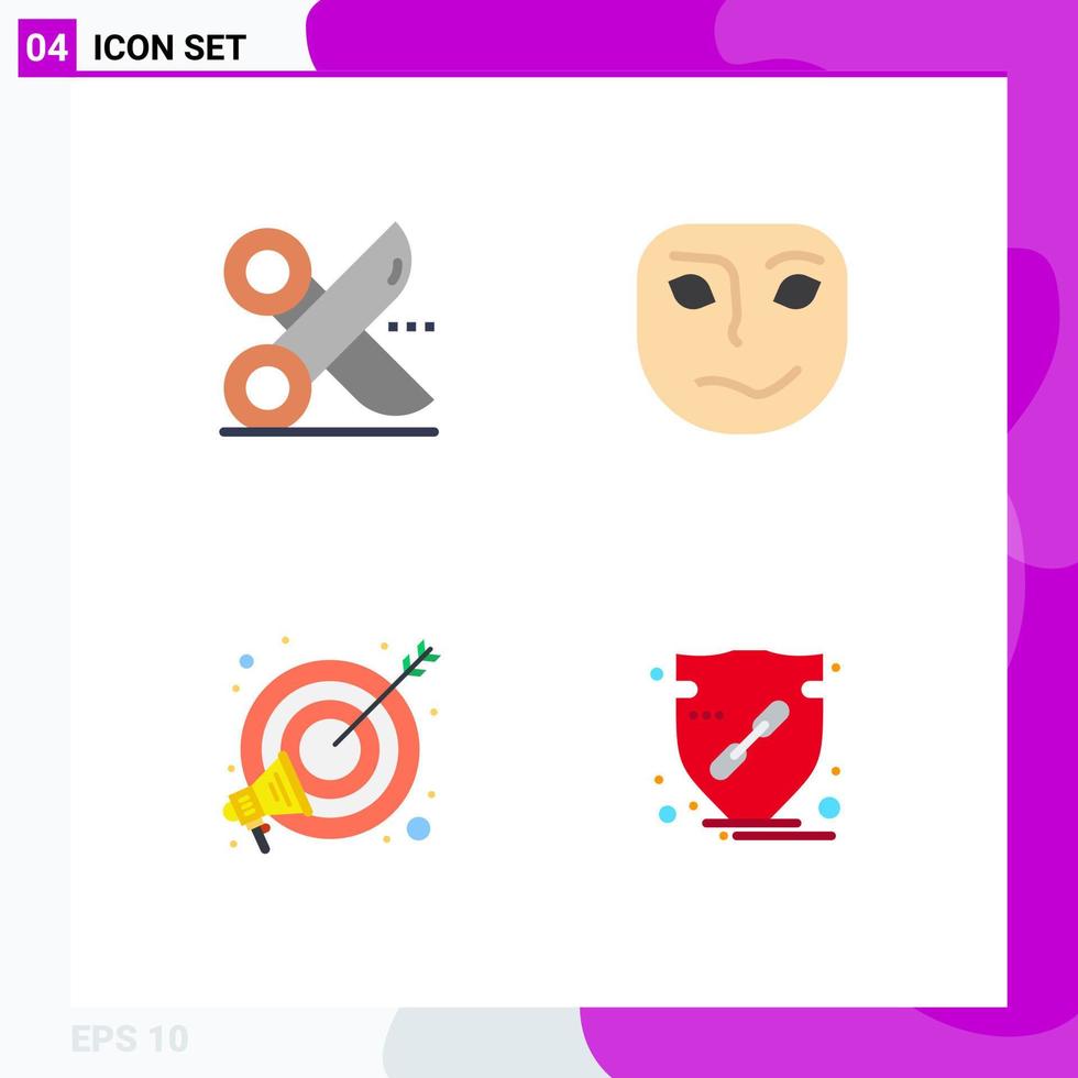 paquete de 4 iconos planos creativos de elementos de diseño vectorial editables de enfoque de emoción de tijera de objetivo de corte vector