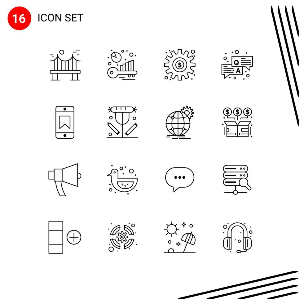 Group of 16 Modern Outlines Set for achievements question keyword analysis qa setting Editable Vector Design Elements