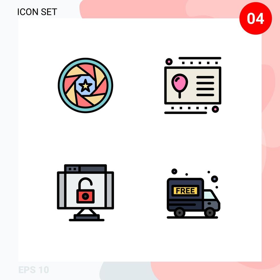 Group of 4 Modern Filledline Flat Colors Set for aperture data movie holiday protect Editable Vector Design Elements