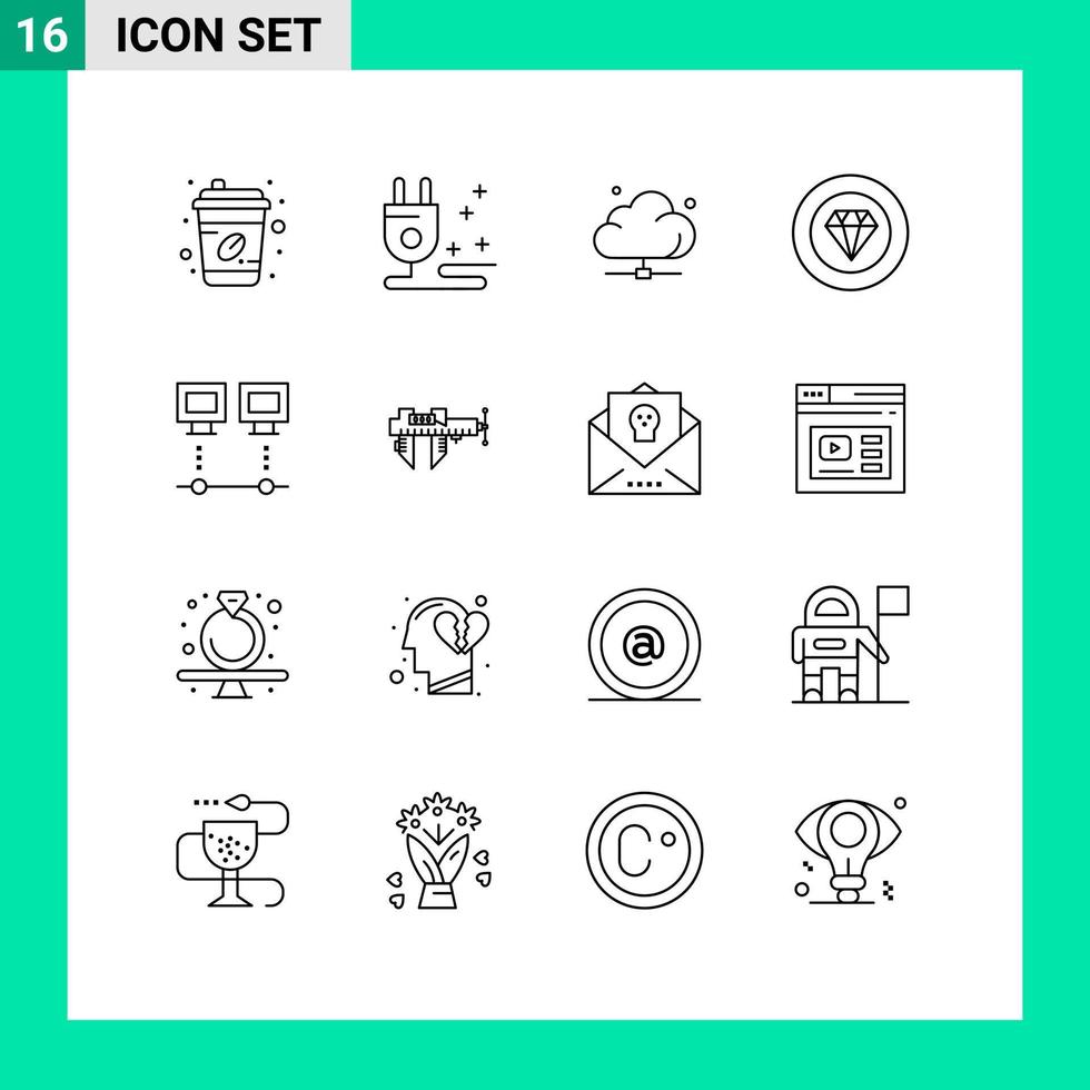 16 Universal Outlines Set for Web and Mobile Applications connection performance data jewelry achievements Editable Vector Design Elements