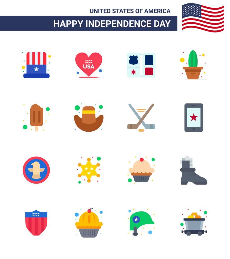 Set of 16 Modern Flats pack on USA Independence Day popsicle pot book plant cactus Editable USA Day Vector Design Elements