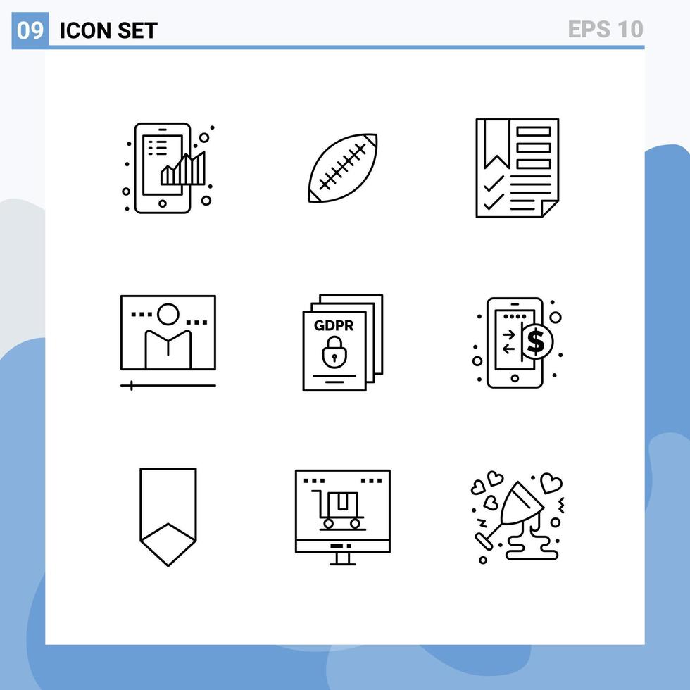 9 Universal Outline Signs Symbols of broadcast page rugby document bookmark Editable Vector Design Elements