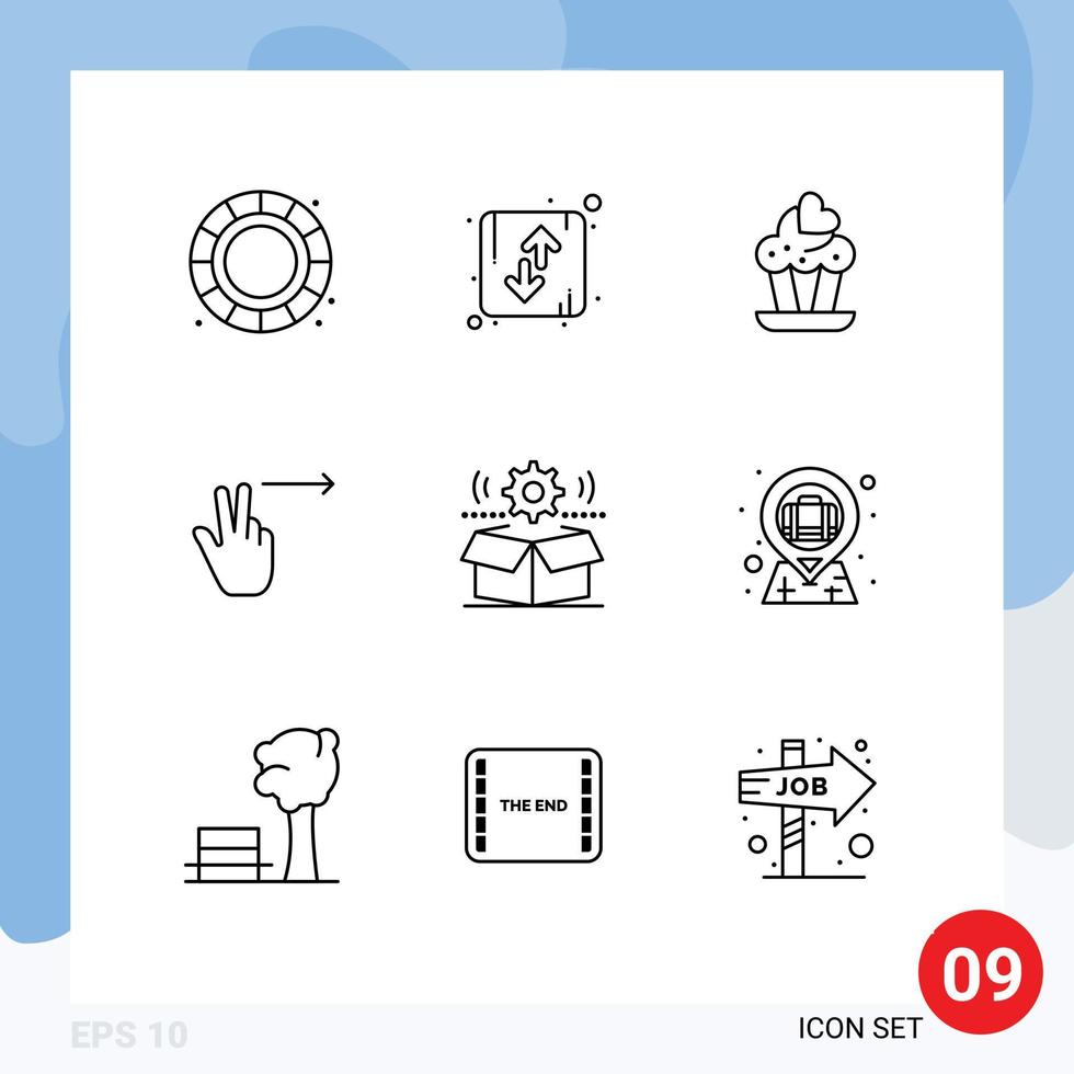 Editable Vector Line Pack of 9 Simple Outlines of gear cog cupcake box gesture Editable Vector Design Elements