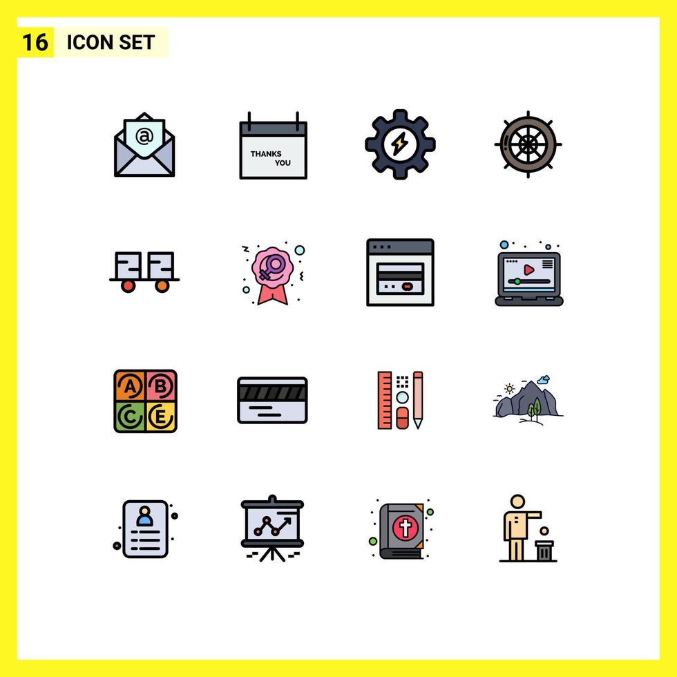 Set of 16 Commercial Flat Color Filled Lines pack for forklift caterpillar vehicles gear travel sea Editable Creative Vector Design Elements