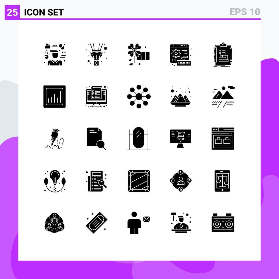 Mobile Interface Solid Glyph Set of 25 Pictograms of scheme algorithm anemone gear web Editable Vector Design Elements