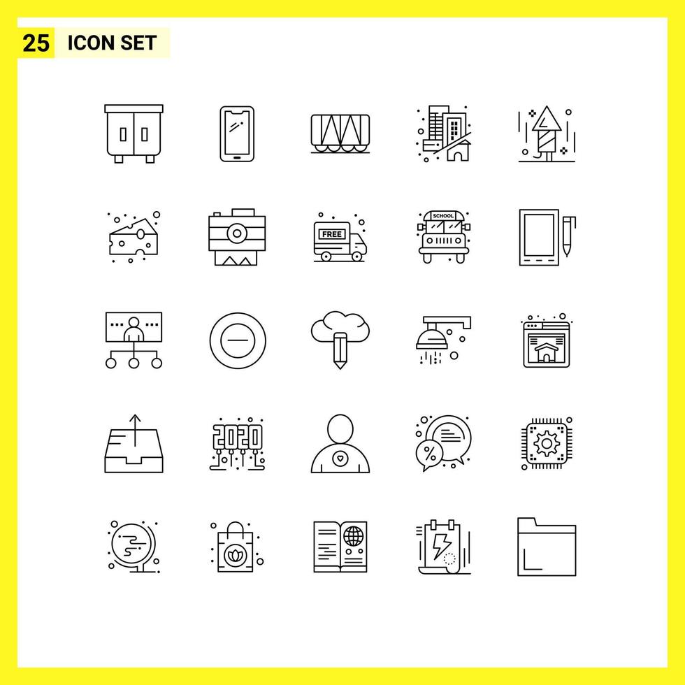 25 User Interface Line Pack of modern Signs and Symbols of fireworks real iphone home building Editable Vector Design Elements