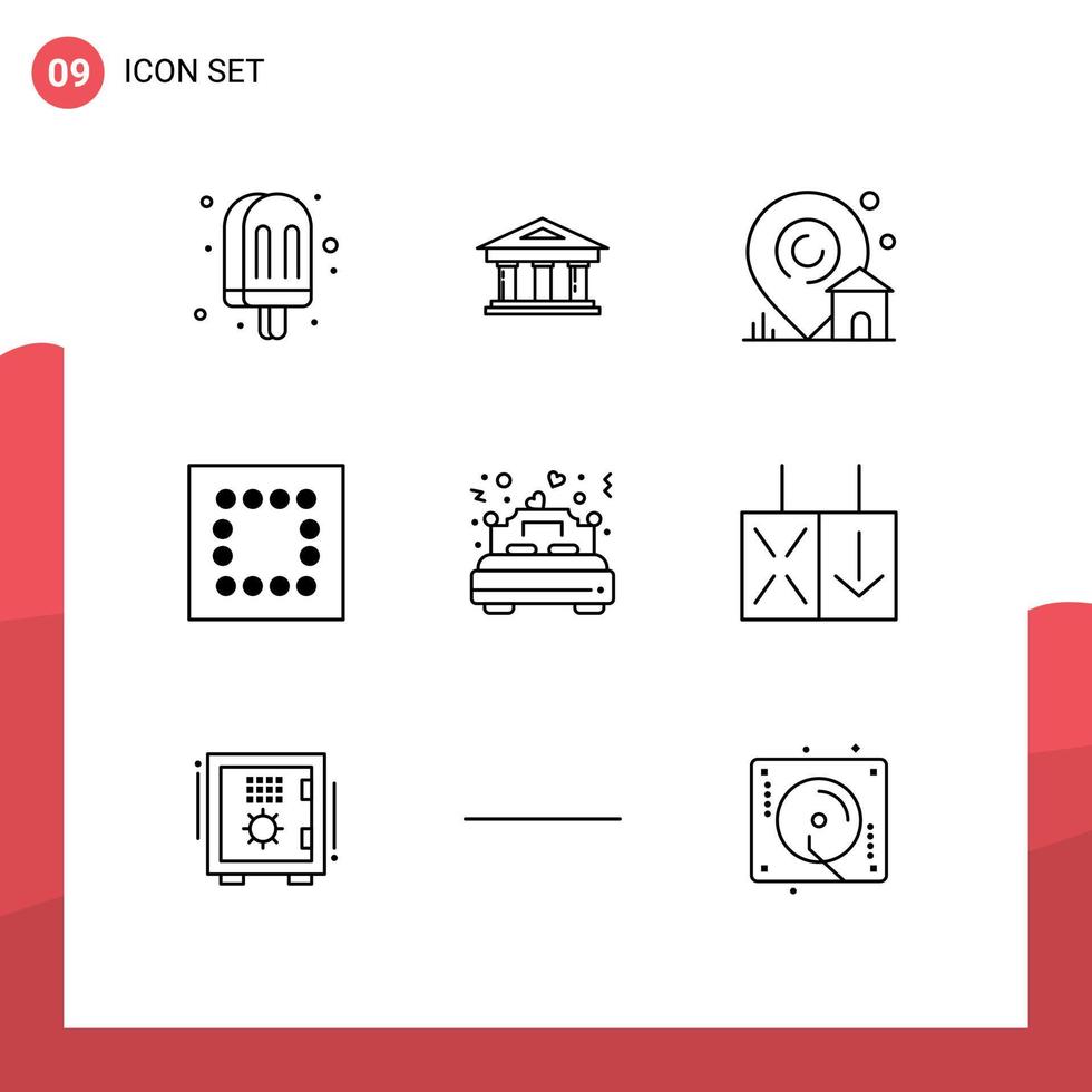 Universal Icon Symbols Group of 9 Modern Outlines of married bed building minimize real estate Editable Vector Design Elements