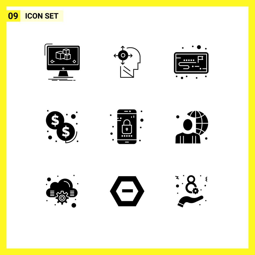 Mobile Interface Solid Glyph Set of 9 Pictograms of mobile app head payment cash Editable Vector Design Elements