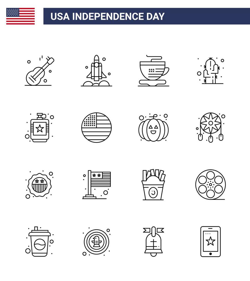 Happy Independence Day 16 Lines Icon Pack for Web and Print drink desert usa plant cactus Editable USA Day Vector Design Elements