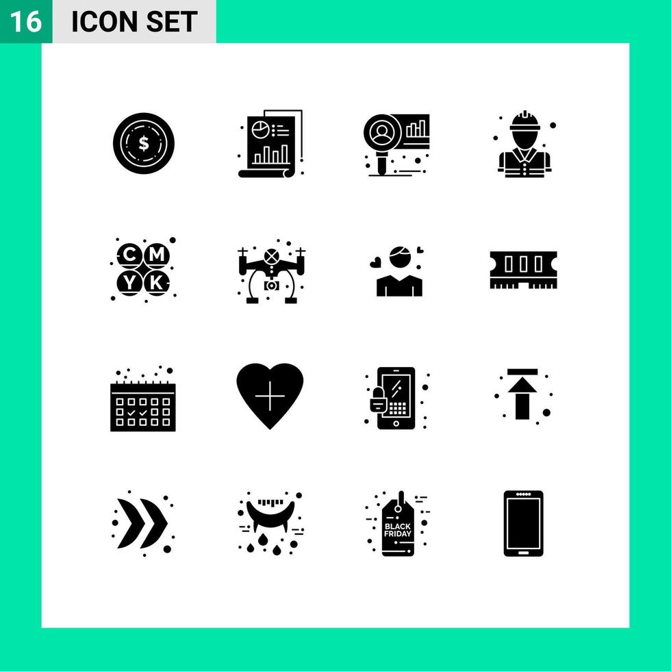 16 User Interface Solid Glyph Pack of modern Signs and Symbols of printing cmyk diagram fireman fire Editable Vector Design Elements