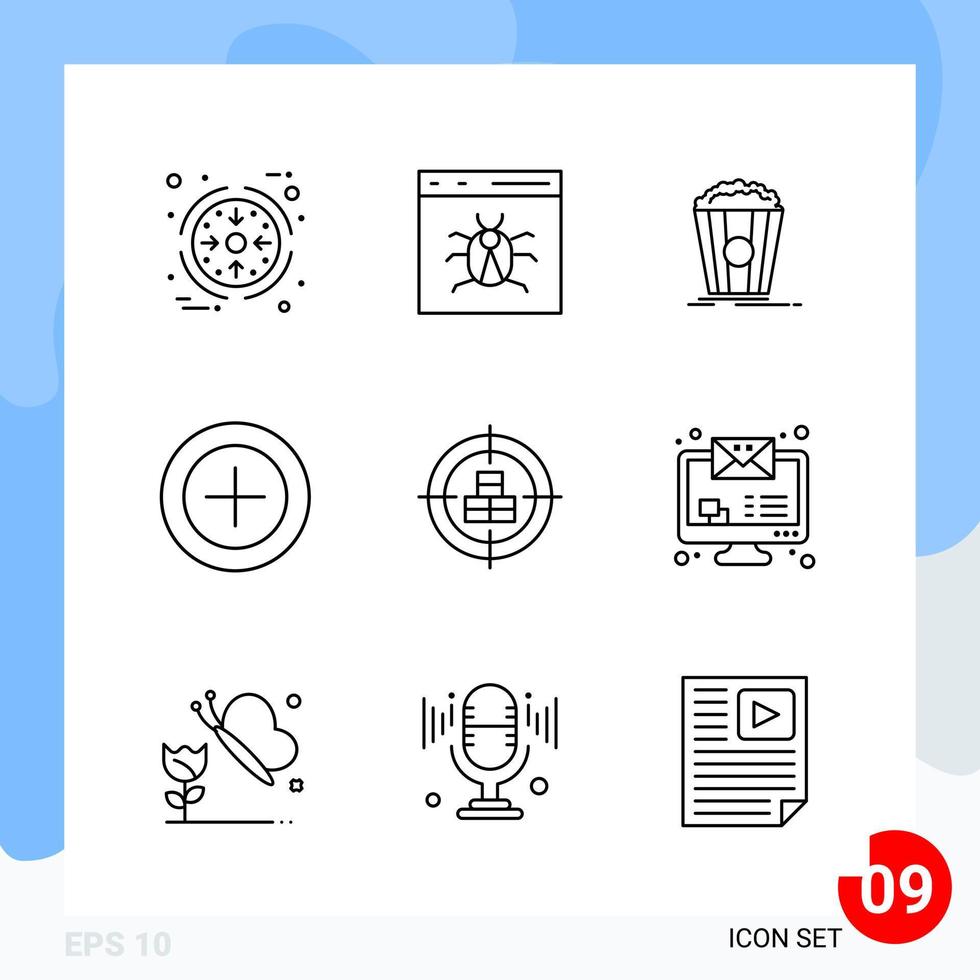 Modern Pack of 9 Icons Line Outline Symbols isolated on White Backgound for Website designing Creative Black Icon vector background