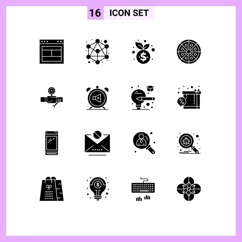 Modern Set of 16 Solid Glyphs and symbols such as pipe pizza business pepperoni drink Editable Vector Design Elements