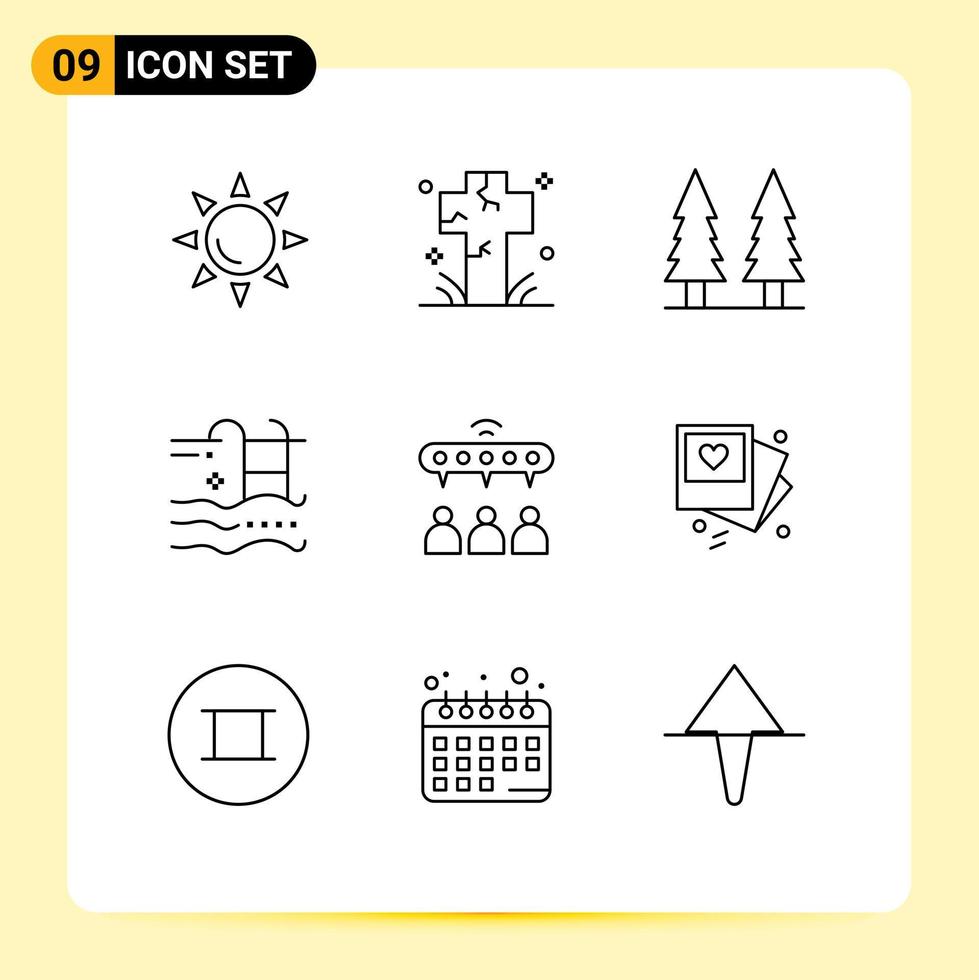 9 User Interface Outline Pack of modern Signs and Symbols of group swimming entertainment summer holiday Editable Vector Design Elements