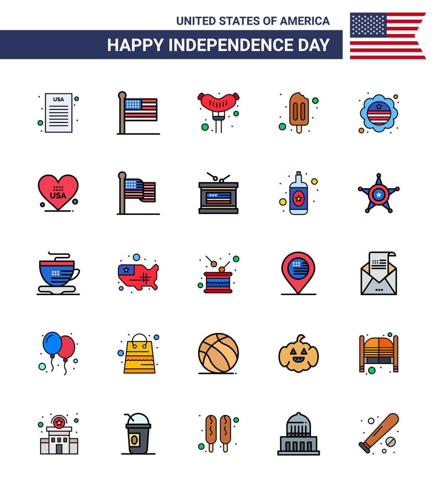 Happy Independence Day 4th July Set of 25 Flat Filled Lines American Pictograph of heart international flag frankfurter flag cream Editable USA Day Vector Design Elements
