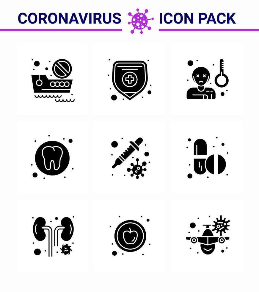 9 paquete de iconos de corona de virus viral negro de glifo sólido, como transmisión cuentagotas virus salud dental coronavirus viral 2019nov enfermedad vector elementos de diseño