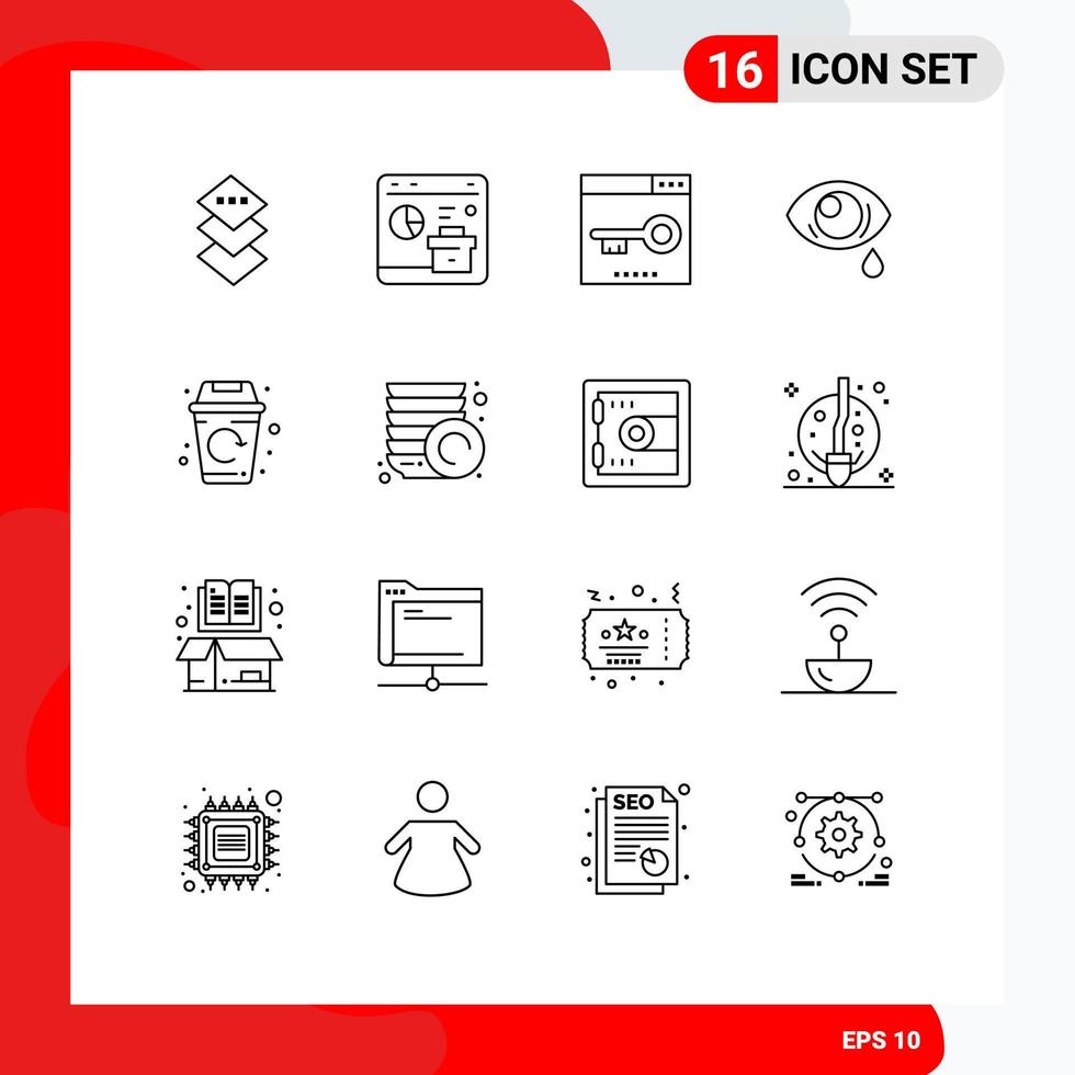 Pack of 16 Modern Outlines Signs and Symbols for Web Print Media such as city eye engine droop page Editable Vector Design Elements