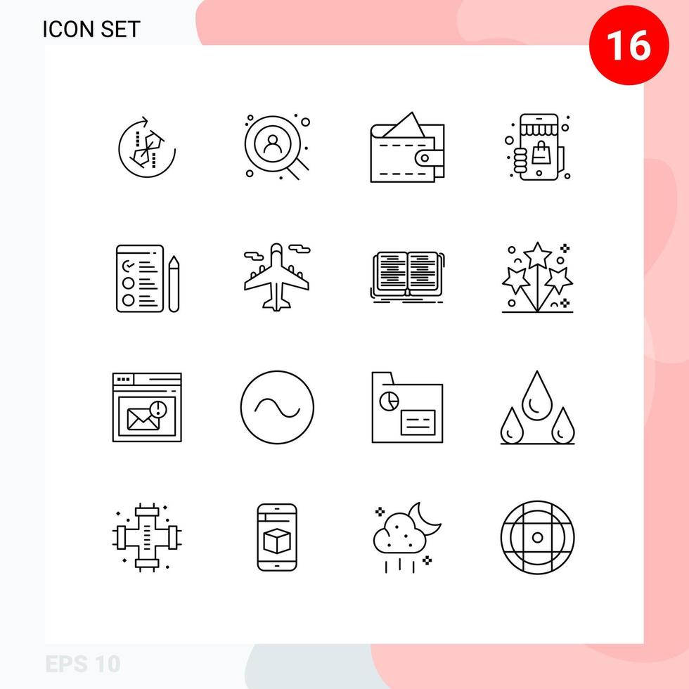 Set of 16 Vector Outlines on Grid for job search cv cash shopping shop Editable Vector Design Elements