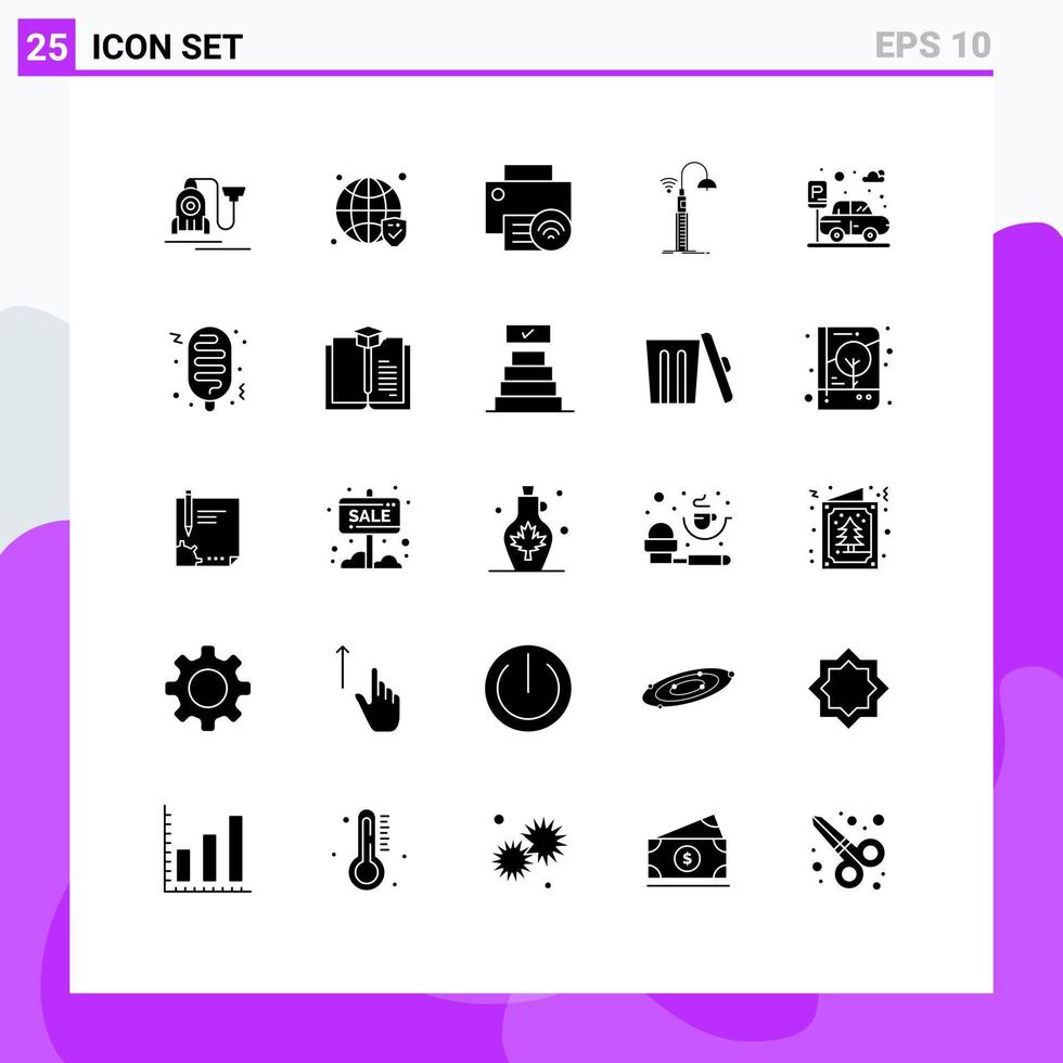 Set of 25 Vector Solid Glyphs on Grid for technology wifi computers street printer Editable Vector Design Elements