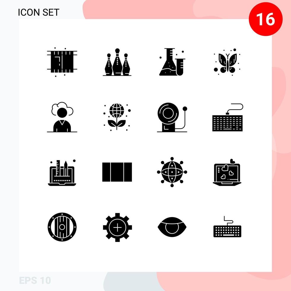 Universal Icon Symbols Group of 16 Modern Solid Glyphs of person cloud flask insect butterfly Editable Vector Design Elements