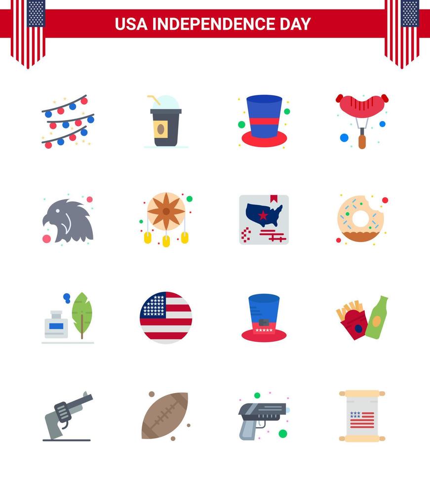 Modern Set of 16 Flats and symbols on USA Independence Day such as adornment bird cap animal frankfurter Editable USA Day Vector Design Elements