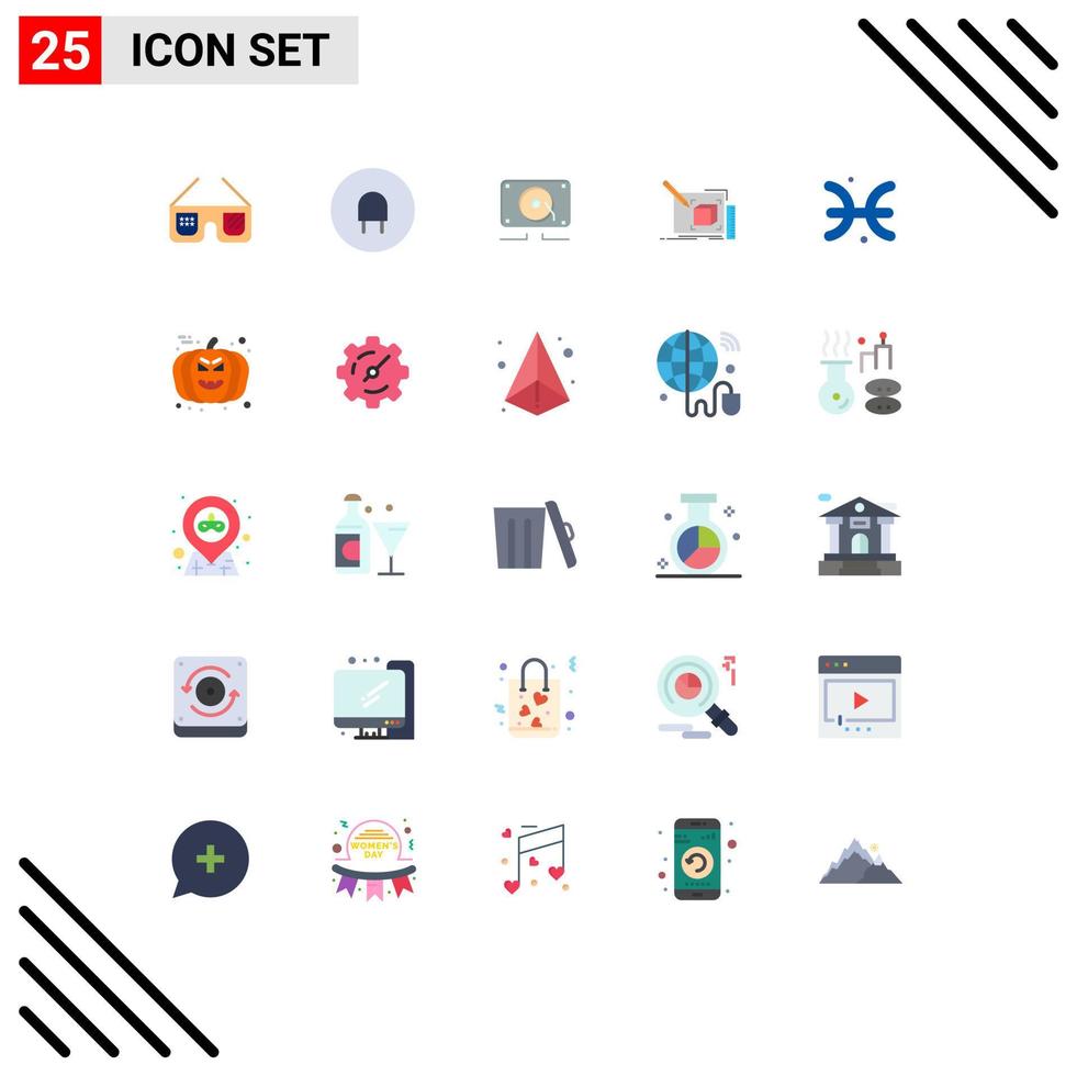 25 Universal Flat Color Signs Symbols of horoscope pencil audio line art Editable Vector Design Elements