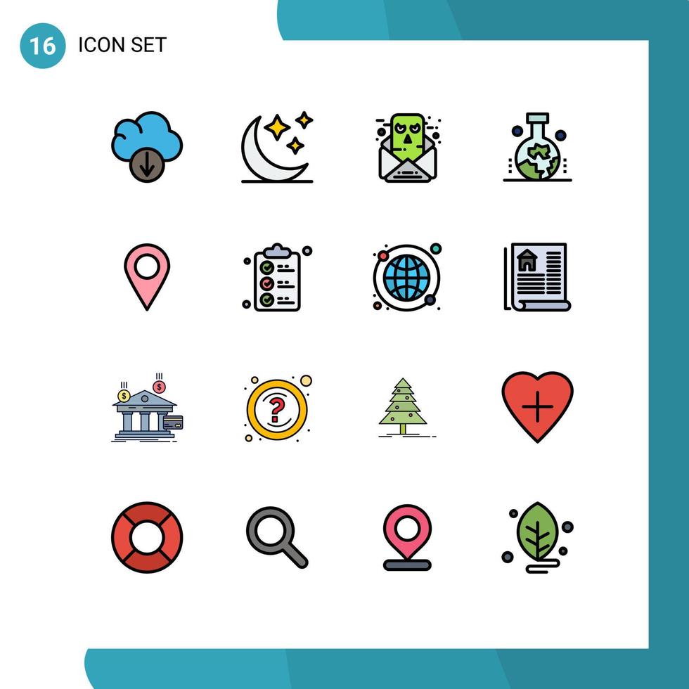 grupo de 16 líneas modernas llenas de colores planos establecidas para la ubicación de la conversación del marcador de la lista de verificación estudio científico del origen de la tierra elementos de diseño de vectores creativos editables