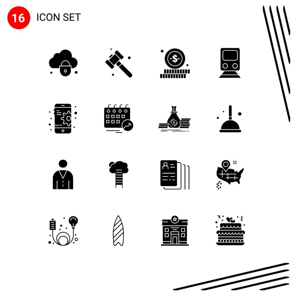 Universal Icon Symbols Group of 16 Modern Solid Glyphs of mobile configuration shopping travel train Editable Vector Design Elements